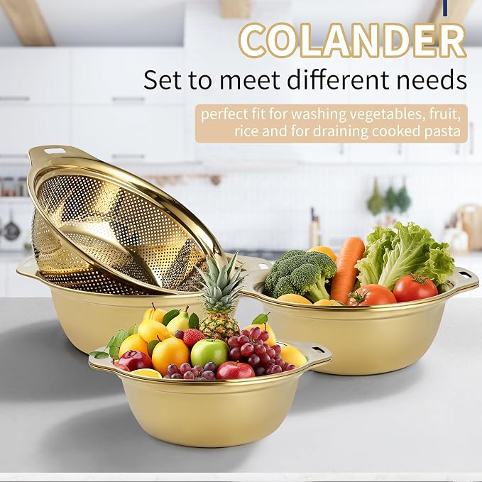 Gulex Colander Stainless Steel 5-quart with Bowls, Strainer Kitchen, Gold