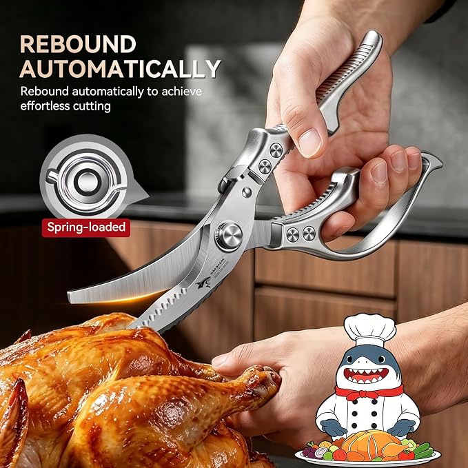 MAD SHARK Heavy Duty Poultry Shears,Spring Loaded Kitchen Shears,Dishwasher | Non-Slip Handle Kitchen Shears, Safety Lock, All Purpose Kitchen Scissors for Chicken, Meat Cutting, Turkey, Fish, Vegetables