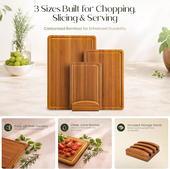 3-Piece Bamboo Cutting Boards - Groove, Handles, 15/12/9" - Carbonized | Bamboo boards with elegant dark finish, reversible prep and serving surfaces