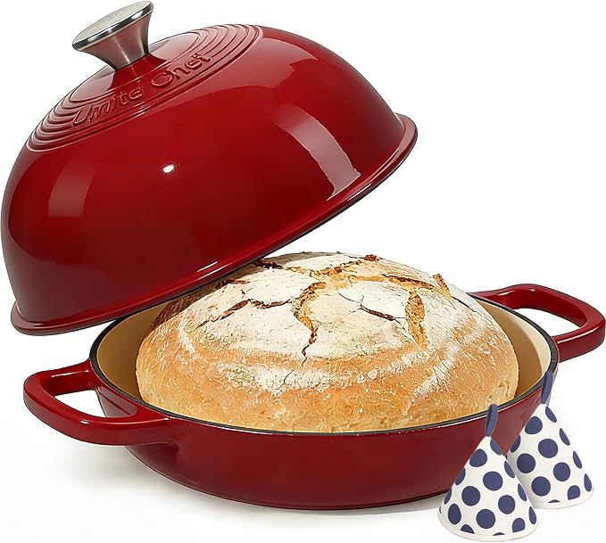 Enamelled Cast Iron Dutch Oven Pot – Dutch Oven Pot with Lid For Sourdough Bread Baking – Cast Iron Bread Oven – Red, Umite Chef 6QT Pot with Lid & Cotton Potholders