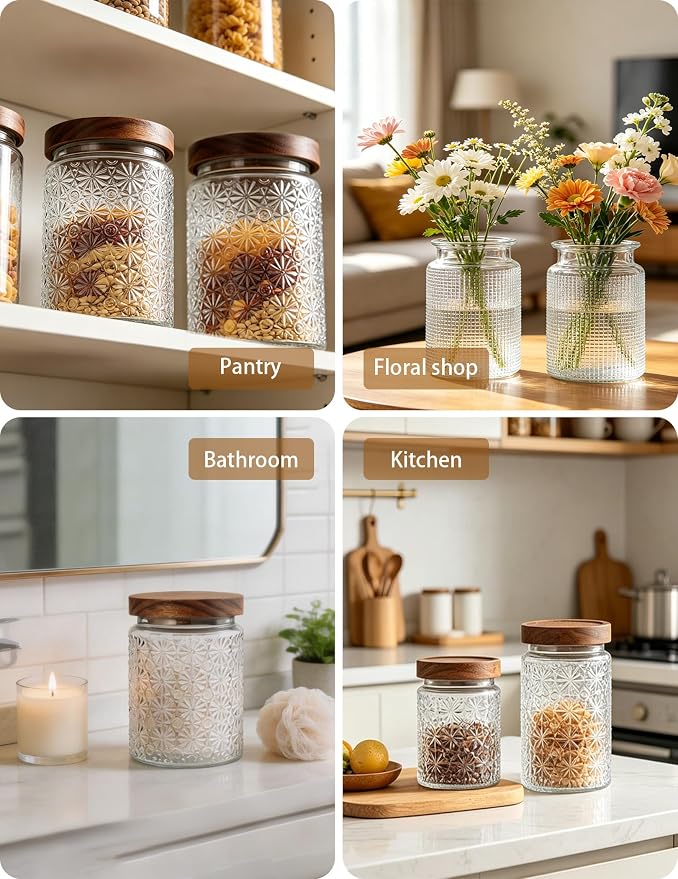 Vintage Glass Jars with Wood Lids - 34 OZ Airtight Storage Container for Kitchen Pantry Bathroom, Decorative Canisters for Coffee Beans, Brown Sugar, Cookie, Candy, Tea Bag, Dog Treat, Flour
