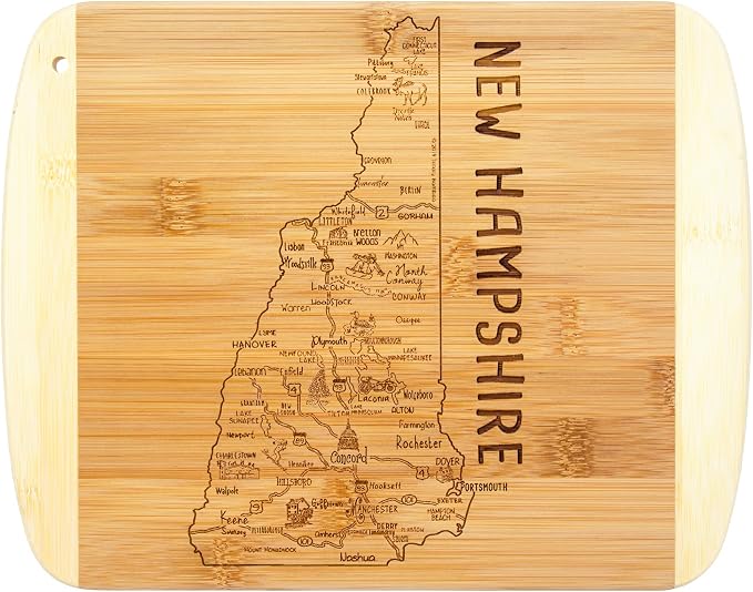 Totally Bamboo A Slice of Life New Hampshire Engraved Map Cutting Board | 11” x 8.75” charcuterie board with engraved state map artwork. Smooth reverse side for food prep. Hang tie for wall display.