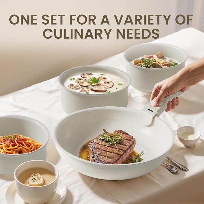 Simple Deluxe 12 Pcs Cookware Set, Non-Stick Pots and Pans Set, with Black Granite Texture and Detachable Handles, Resistant to High Temperatures, Oven Safe, PFAS and PFOA Free, Beige