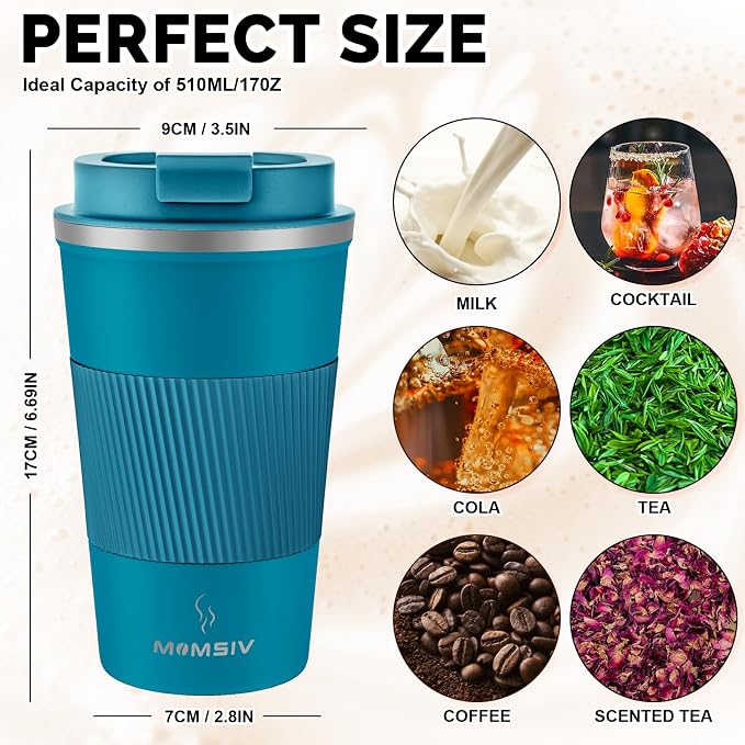 MOMSIV 17oz Travel Coffee Mug, Insulated Coffee Cup with Leakproof Lid | 6-Hour Heat Retention, 360°Leak proof, Vacuum Stainless Steel Double Walled, BPA-free, Reusable And To Go Coffee Mug