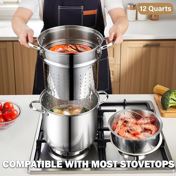 Cooks Standard 12 Quart Pasta Pot Set 4-Piece 18/10 (304) Stainless Steel | Multipurpose Stock Pot with Strainer Insert & Steamer Basket, Spaghetti Cooker with Lid, Induction Compatible