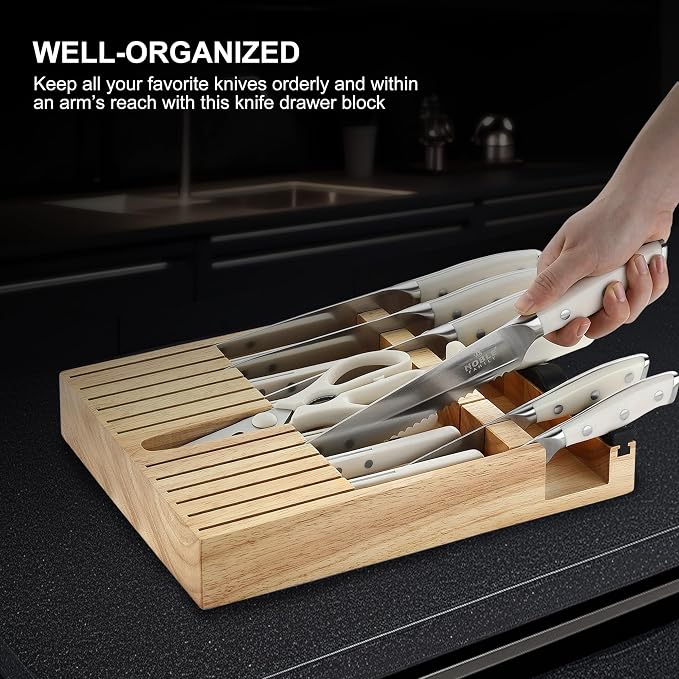 N NOBLE FAMILY In-drawer Knife Block Set, 16PCS Kitchen Knife Set with Wooden Block, Chopping Knives Set, Stainless Steel Knife Block Set, Sharp Cooking Knife Set with Cutting Board, Rust Proof, White