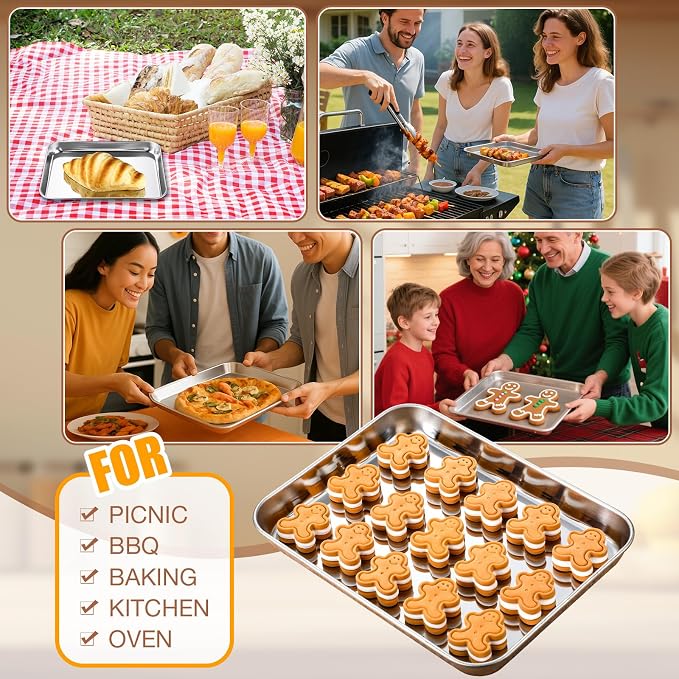Potchen 12 Pcs Baking Sheet Pan Set Stainless Steel Cookie Sheet Small Toaster Oven Pans Tray Barbecue Grill Pan Rectangle Trays Oven Freezer Bakery, Non-stick, Easy Clean, 9 x 6.7 x 1 Inches