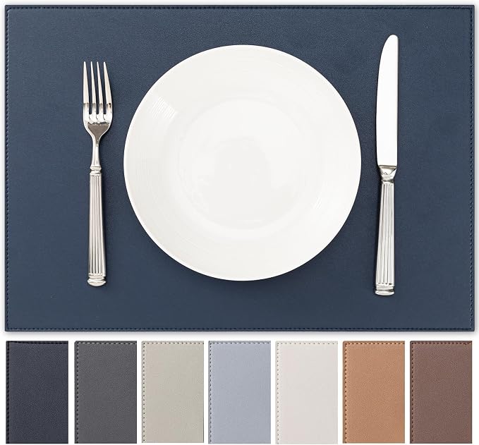 Baroyal Faux Leather Placemats Set of 6 Vinyl Washable Wipeable Table Mats for Kitchen Dining Table Heat Resistant Waterproof Modern Indoor/Outdoor Placemats Non-Slip Easy Clean Place Mats (Navy Blue)