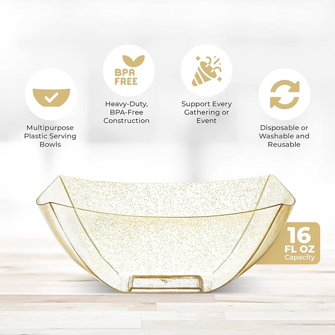 4 Pack Disposable Gold Plastic Serving Bowls Square Party Candy Use 16oz | Square Design. Disposable Party Tableware. Salad, Fruit & Candy Use. Candy Buffet Containers. Gold Plastic.