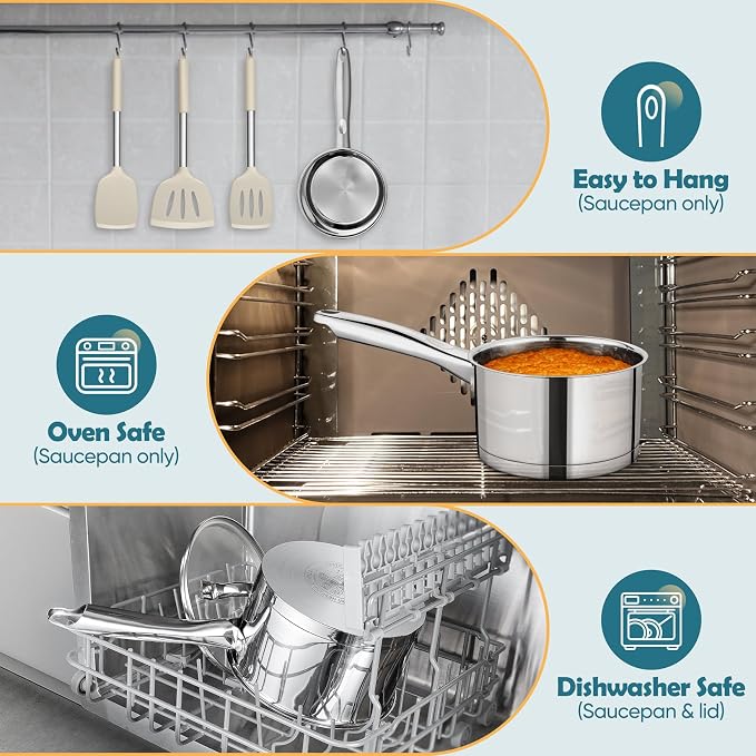 P&P CHEF 2 Qt Saucepan with Lid, Stainless Steel Small Cooking Pot, 1 Pan | Sauce Pan for Pasta, Soup, Tri-ply Base for Induction, Gas, Ceramic, Oven & Dishwasher Safe, Ergonomic Handle & Multi-use