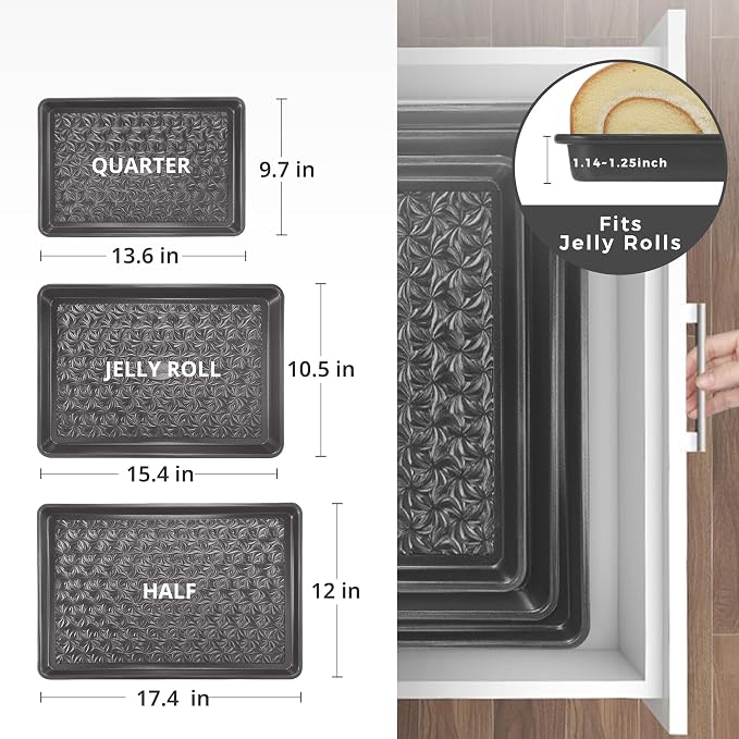 Nonstick Baking Sheet Pan Set of 3, Cookie Sheets for Oven, Non-Toxic, Gray | Half, Quarter & Jelly Roll Pans, Floral Swirl Texture, Heavy-Duty 0.8mm Carbon Steel, Even Heat Distribution