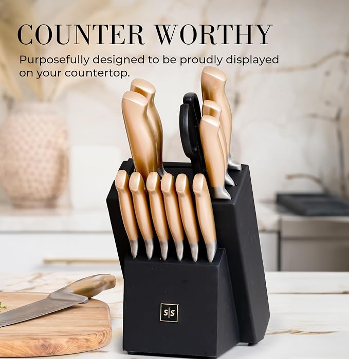 Black and Gold Knife Set for Kitchen with Block – 14-Piece Ultra-Sharp Stainless Steel Knives with Gold Handles and Built-In Sharpener – Stylish Kitchen Accessories for Cooking and Decor | Ultra-Sharp Stainless Steel Knives with Gold Handles & Built-In...