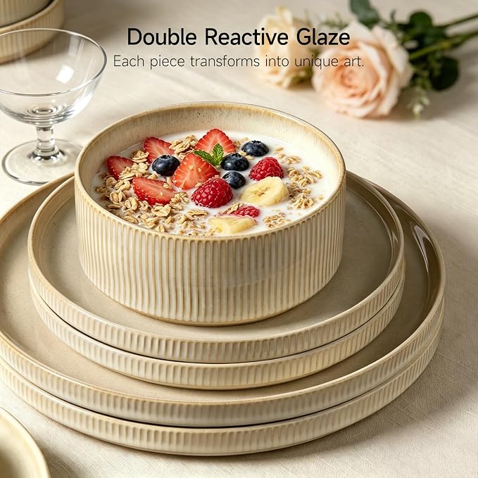 Stoneware Dinnerware Sets for 4, 12Pcs Ribbed Plates and Bowls Set, Beige | Handmade Reactive Glaze Ceramic Dishes, Microwave and Dishwasher Safe, Modern Minimalist Tableware for Everyday Use
