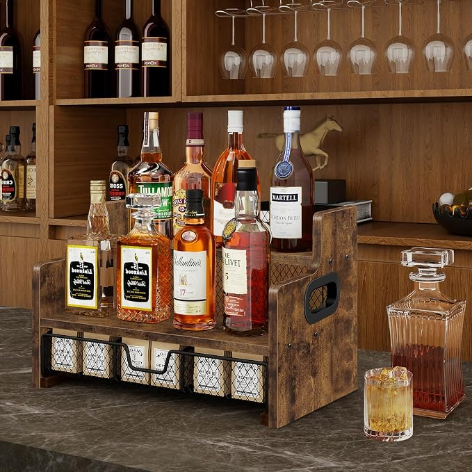Coffee Syrup Rack Organizer, 3-Tier 8 Bottles Syrup Holder Stand with 35 K Cup Storage Basket Drawer for Coffee Bar, Wood Liquor Shelf Wine Rack Countertop for Home, Rustic Brown