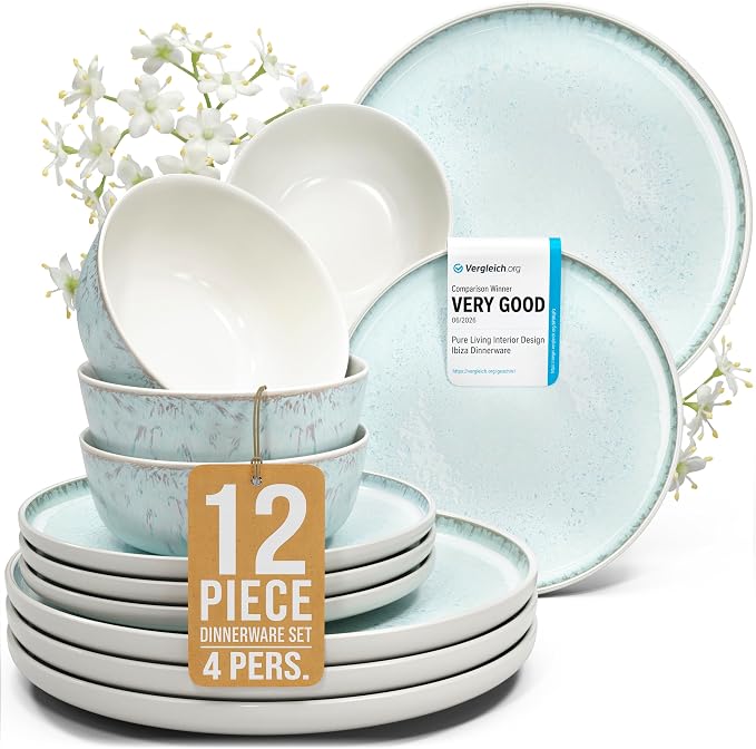 12 Piece Stoneware Dinnerware Set for 4 - Handmade Reactive Glaze Plates and Bowls Set - Chip & Scratch Resistant Dish Set - Dishwasher Microwave Safe - Light Beige & Blue | Reactive Glaze Coating, Dishwasher & Microwave Safe Dish Set, Chip & Scratch R...