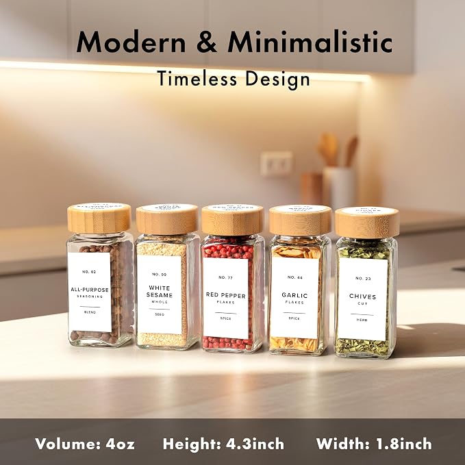 Glass Spice Jars with Label, 24x Bamboo Wooden Lids - White Labels | Airtight Lids keep spices fresh, Kitchen Spice Drawer Organizer, 4oz Seasoning Containers incl. Funnel, Brush & 240 Labels