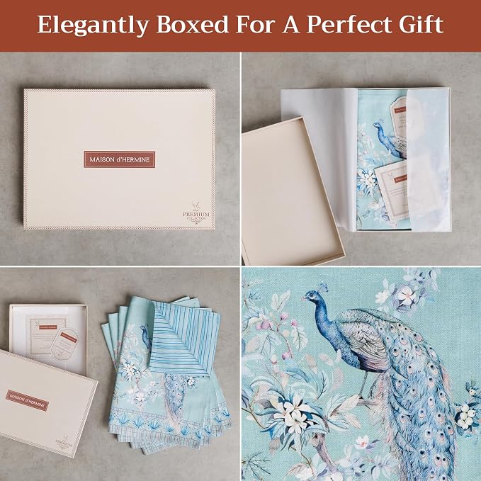 Maison d' Hermine Placemats Set of 4 Reusable 100% Combed Cotton (13"x19") | Cloth Place Mats Washable Table Mats for Kitchen Dining Home Restaurant Spring Summer - Peacock Utopia - Pastel Turquoise