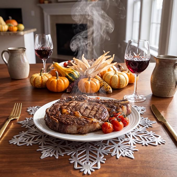 ADRIMER Snowflake Placemats Set of 6, Silver Vinyl Table Mats 15 Inch | Easy to Clean Placemat, Heat Resistant Hollow Wipeable Table Placemats for Thanksgiving Christmas Wedding Holiday Decor