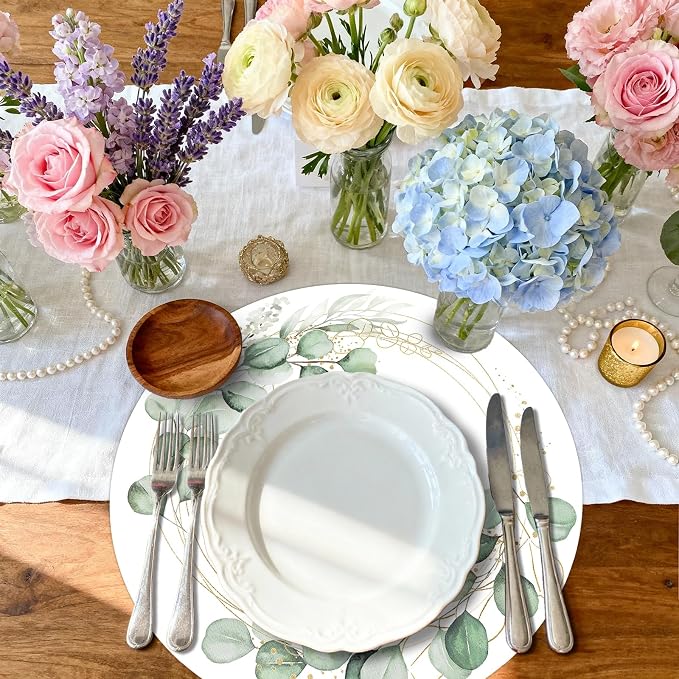 50PCS Eucalyptus & Gold Disposable Paper Placemats 13.5 Inch Summer Round Eucalyptus Leaves Table Mats for Wedding Anniversary Bride Party Supplies