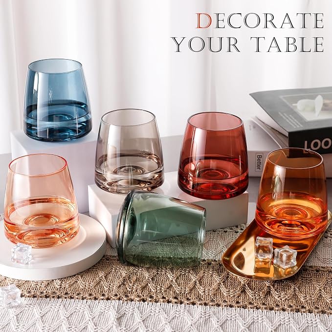 Stemless Wine Glasses Set of 6 - Hand Blown Colored Short Wine Tumblers Colorful Lead-Free Non-Fading Party Stemless Wine Glasses Set, Unique Gift for Wedding