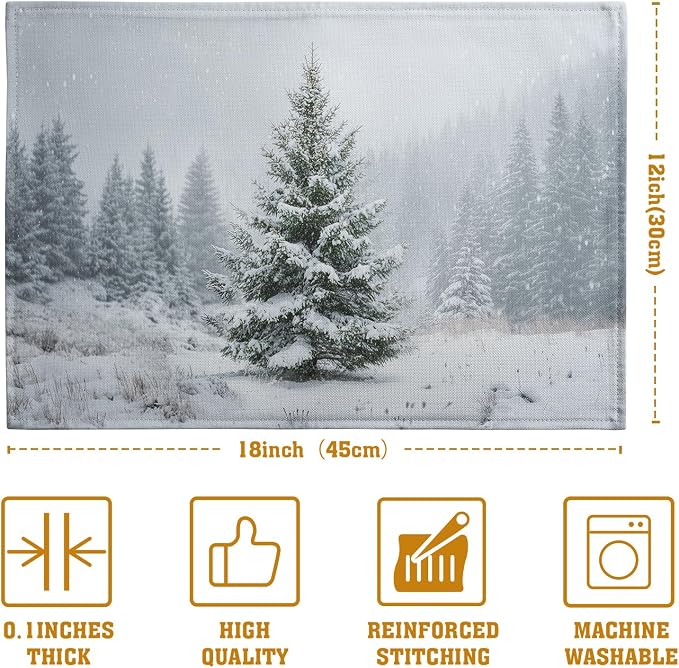 Winter Placemats Set of 4, 12x18 Inch Christmas Pine Tree Snowflake Linen Table Mats Seasonal Washable Farmhouse Place Mats for Kitchen Dining Xmas Holiday Party Decor
