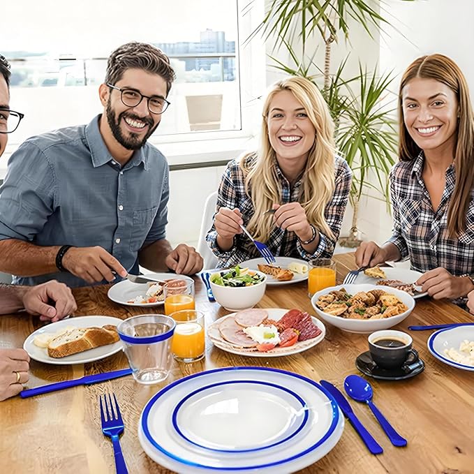 600PCS Clear Blue Plastic Plates, Disposable Dinnerware Set for Party | 100 Guest, 100 Dinner & Dessert Plates, Forks, Spoons, Knives, Cups, Navy Blue, for Wedding, Bridal Shower, Labor Day
