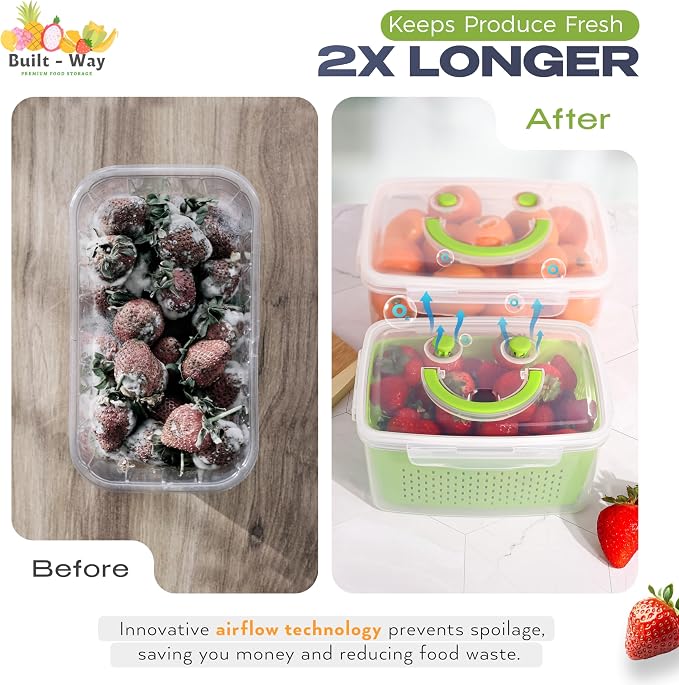 Fruit Storage Containers for Fridge - Set of 4 - Airtight Lid Keeps Fresh - For Fruit & Vegetable Storage - Space-Saving Design - Ideal for Produce, Berries, Snacks - Green