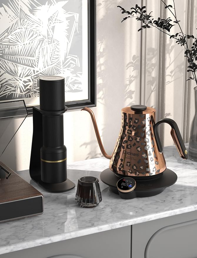 Cocinare Artisan Collection Gooseneck Electric Kettle, ±0.5°F Temperature Control for Pour Over Coffee & Tea, 1500W Fast Heating, Stainless Steel Interior, 0.9L, Wild Gold Design