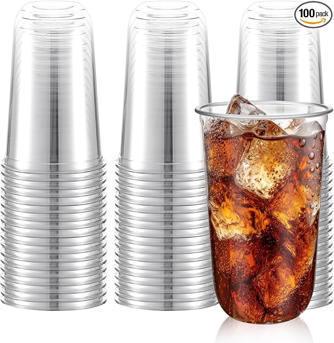 Ziliny 100 Pcs 18oz Plastic Stemless Wine Glasses Disposable, Clear | Plastic Wine Glasses for Parties Weddings Birthdays, Cocktail Drinking Cups, Round Bowl, Bulk Event Supplies