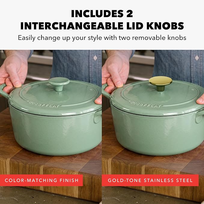 GreenPan x Bobby Flay 5.5QT Enameled Cast Iron Dutch Oven With Lid, Green | Casserole Pot for Braising, Stews, Bread Baking & Searing, Self-Basting Lid, Induction Ready, Oven Safe To 500, Gold Lid Knob