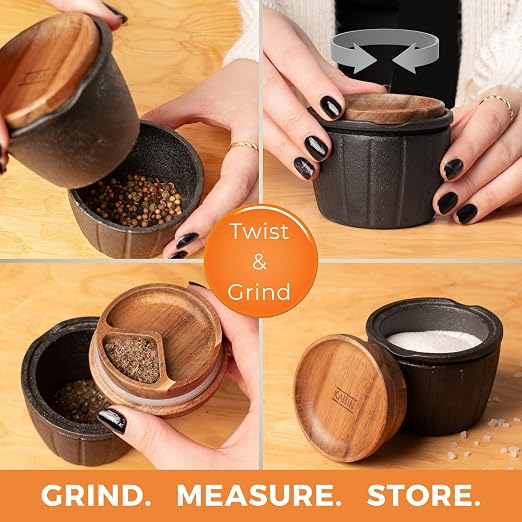 KABIN Spice Mill - Spice Grinder Manual Pepper Mill - Durable Cast Iron Mortar and Pestle Set Herb Crusher - Hand Grind, Measure & Store Your Spices and Herbs- Molcajete Bowl