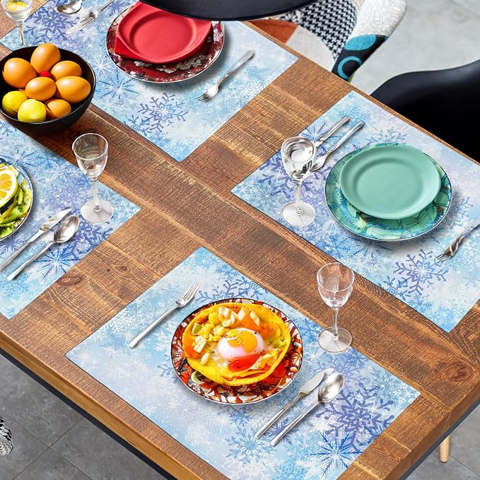 Blue Snowflake Winter Placemats Set of 4 Xmas Snow Place Mat Merry Christmas Linen Fabric Table Mats Washable Heat Resistant Placemat for Farmhouse Kitchen Dining Party Decoration