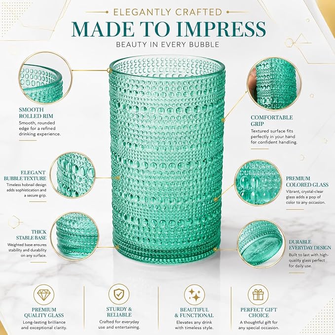 Khen Plastic Hobnail Drinking Highball Glasses Set of 6 Bright Tones Cups 14oz, Shatterproof & Unbreakable Acrylic Beaded Design, BPA-Free, Dishwasher Safe Indoor/Outdoor Drinkware Water, Cocktails