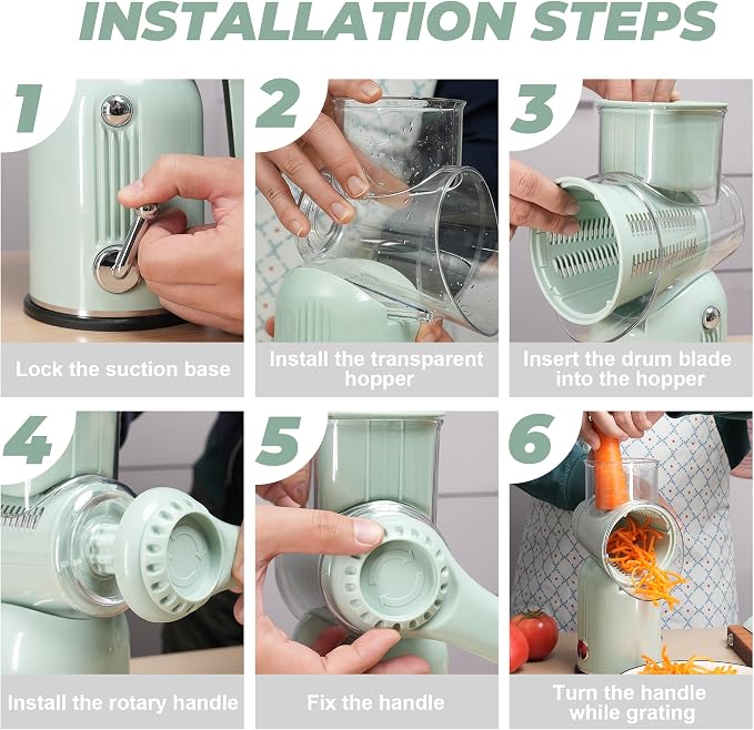 Rotary Cheese Grater Manual Hand Crank with 5 Blades & Suction Base, Kitchen Vegetable Shredder Slicer for Veggie, Nuts, Fruit, Green