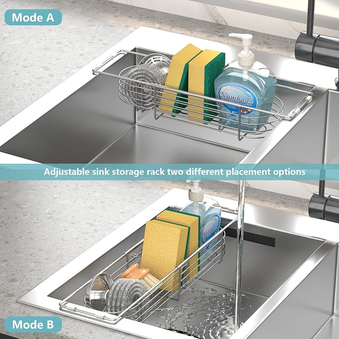 Sink Caddy Sponge Holder Kitchen Sink Organizer Expandable 13.4" to 17.1" | 304 Stainless Steel Telescopic sink organizer rack for kitchen