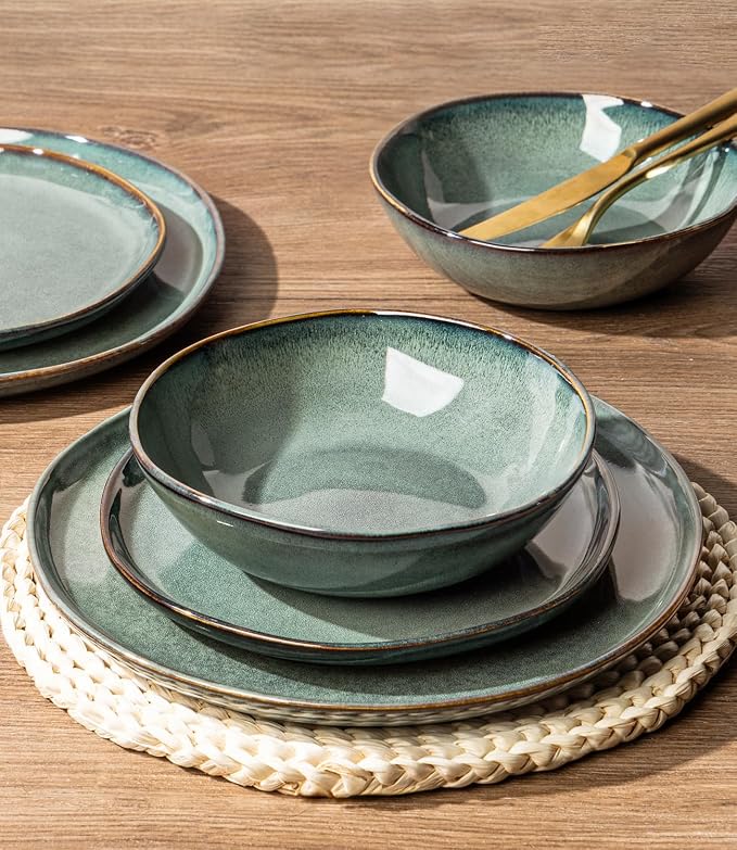 GBHOME Stoneware Dinnerware Sets for 8,24 Piece Rustic Plates and Bowls Set | Earthenware Handmade Reactive Glaze Plate Sets, Chip Resistant Ceramic Dishes, Microwave & Dishwasher Safe, Coastal Teal