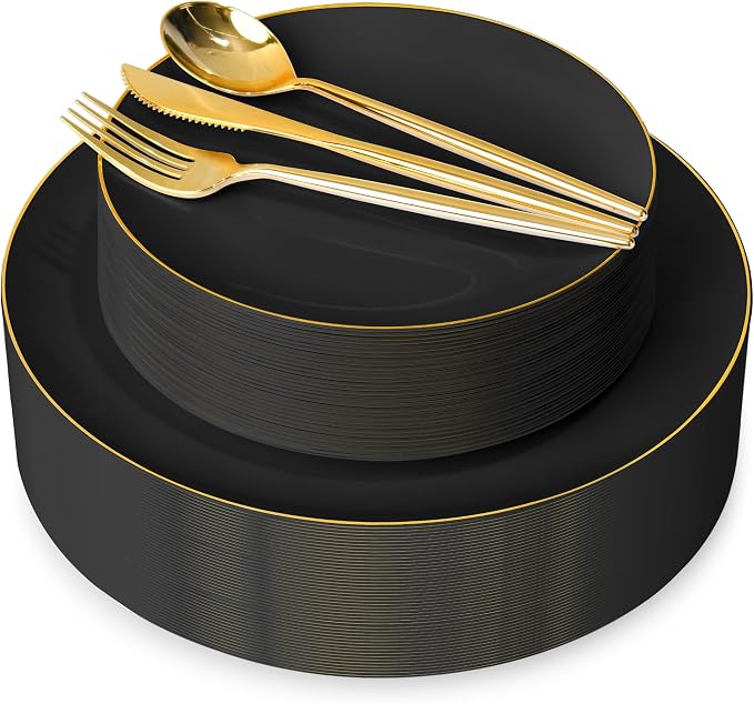 150Pcs Black Plastic Plates , Heavy Duty Black Plates for 30 Guests | Black Disposable Plastic Plates,Include 30 Dinner Plates,30 Dessert Plates and 90 Gold Cutlery Set for Party,Wedding