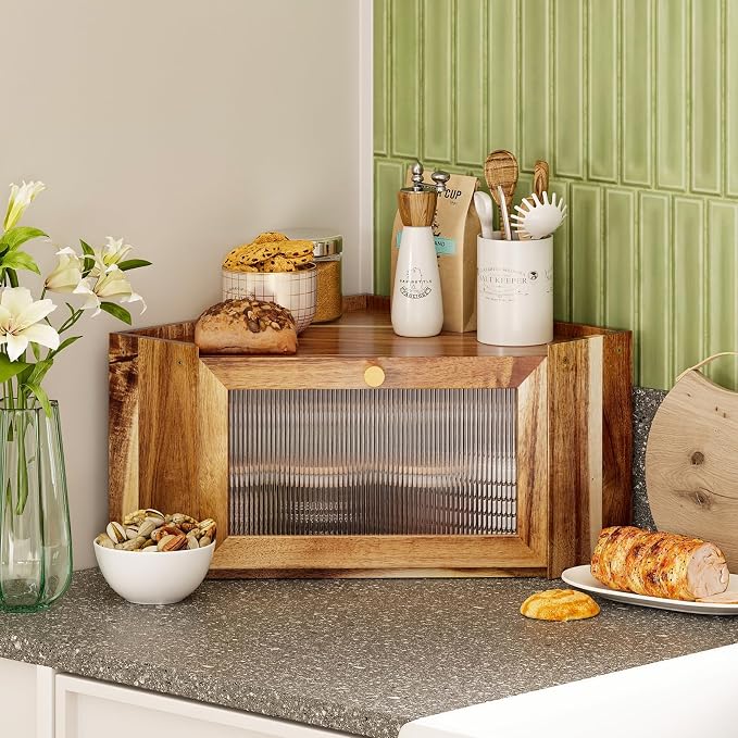 Trironsun Stylish Acacia Corner Bread Box for Kitchen Counter Wood Large Capacity Rustic Bread Storage Container with Wavy Arcylic Transparent Door for Homemade Bread (Acacia Wood)