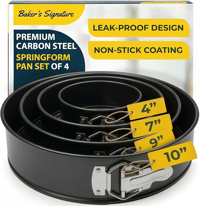 Springform Pan Set of 4, Nonstick Cheesecake Pans 4/7/9/10" Carbon Steel | Leakproof cake molds with removable bottom & secure latch; even-heat design for layered desserts
