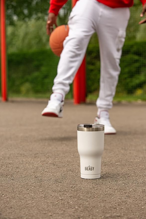 BEAST Insulated Coffee Mug – 900 ml I Arctic White I Stainless Steel I Reusable, Insulated Cups I 2 Straws and Cleaning Brush, Double Walled Travel Coffee Thermos I Hot or Iced Coffee