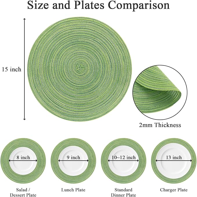 SHACOS Round Placemats Set of 6 for Dining Tables 15 inch Cotton Braided Placemats Washable Reversible for Kitchen Holiday Party (Mixed Color Pea Green, 6)
