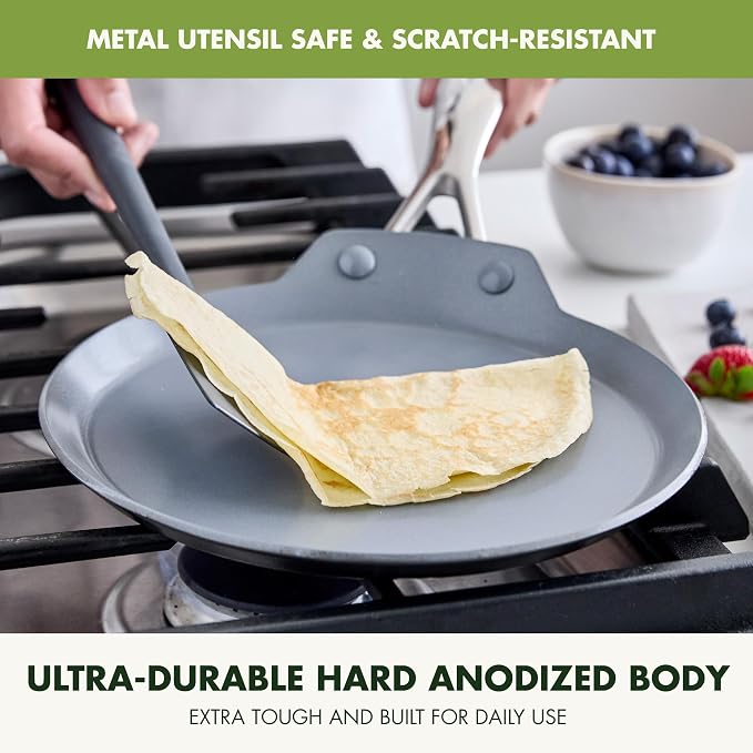 GreenPan Valencia Pro 9.5" Ceramic Nonstick Crepe Pan, Hard Anodized | PFAS-Free Nonstick, Induction Ready, Compatible with all Stovetops, Hard Anodized, Gray, Dishwasher Safe, Oven Safe to 600F
