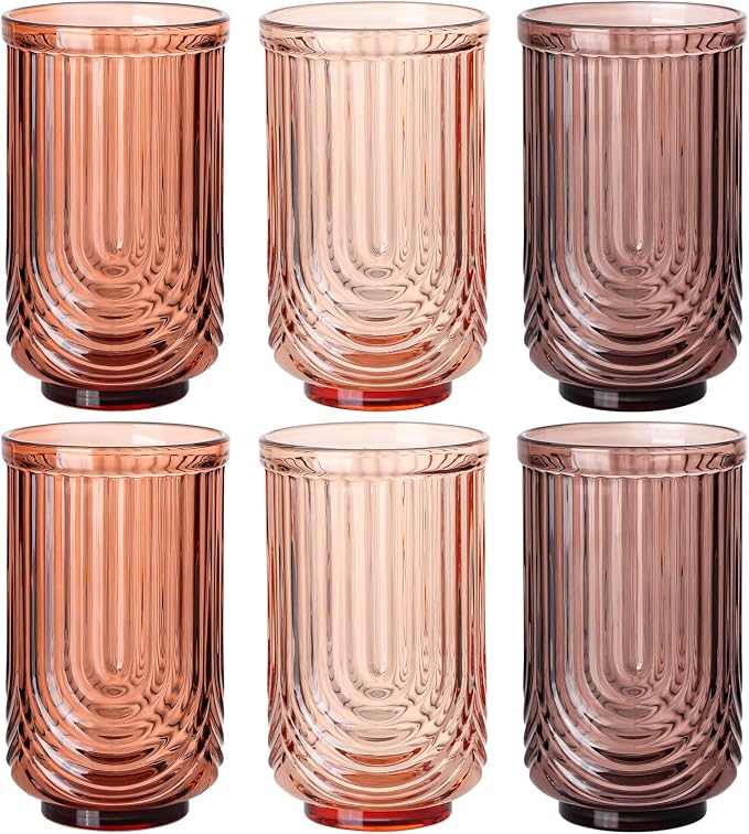 JOVGANK Amber Vintage Glassware Set of 6-17Oz Brown Water Drinking Glass, Art Deco Ripple Highball Glass, Whiskey Cocktail Glasses, for Bar Ice Coffee Juice, Housewarming Gifts Gift