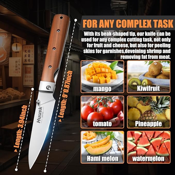 Huusk Japanese Folding Fruit Knife - Pocket Paring Knives | 440C Stainless Steel, Ultra Sharp Blade, Wooden Handle, Gift Box, Portable Kitchen Knives
