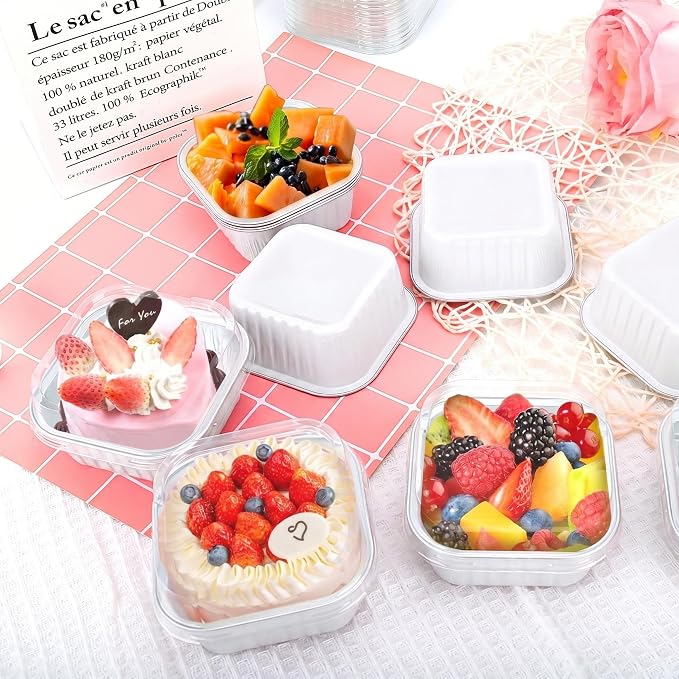 100Pack 5oz White Mini Cake Pans with Lids Baking Cups Aluminum Foil Pans Tins, Individual Dessert Cups Containers for Sales,Party,Picnics