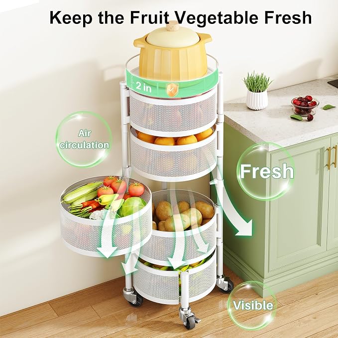 SAYZH 5 Tier Fruit Vegetable Basket Stand for Kitchen, Rotating, White | Rolling Storage Cart with top lid, Large Metal Wire Rack for Potato and Onion Storage