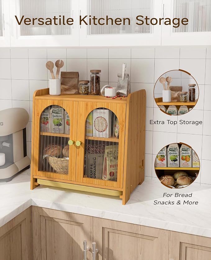 Bread Box for Kitchen Countertop, Large Double Layer Wooden Bread Storage Container with Acrylic Window, Adjustable Air Vents & Built-In Cutting Board, Pantry Organizer
