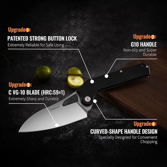 Folding Kitchen Chef Knife, 4.4" Foldable Camping Knife with 10cr15mov Stainless Steel Blade, Anti-skidding and Ergonomic Designed G10 Handle for both Indoor and Outdoor Cooking