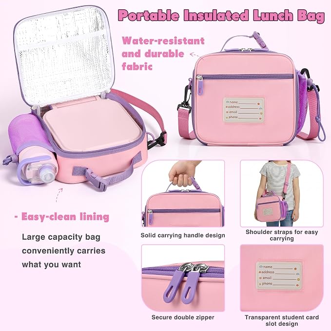 Bento Lunch Box for Kids with 7oz Soup Thermo,Insulated Stainless Steel Kids Water Bottle with Straw and Insulated Lunch Bag,Leak-Proof Lunch Food Container with Ice Pack for School(Pink)