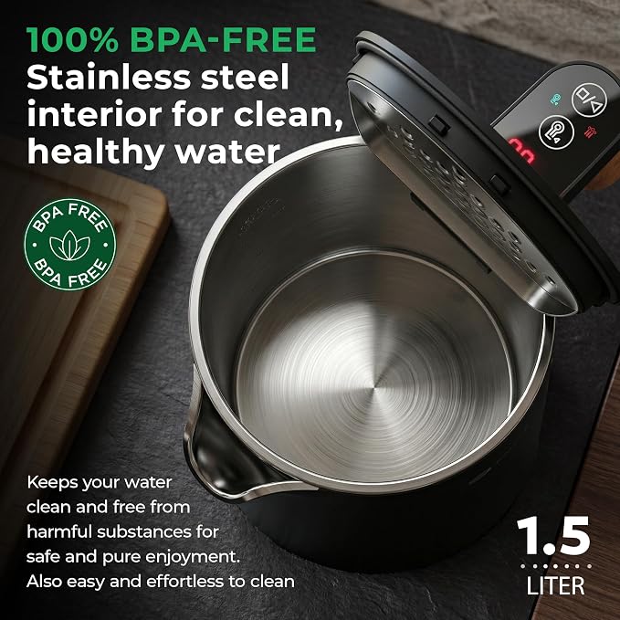 BALTER Electric Kettle with Temperature control, 113 °F – 212 °F, Tea pot, Stainless steel, double wall water kettle, BPA-free, quiet tea kettle, 1.5 L, 2200 W, Black